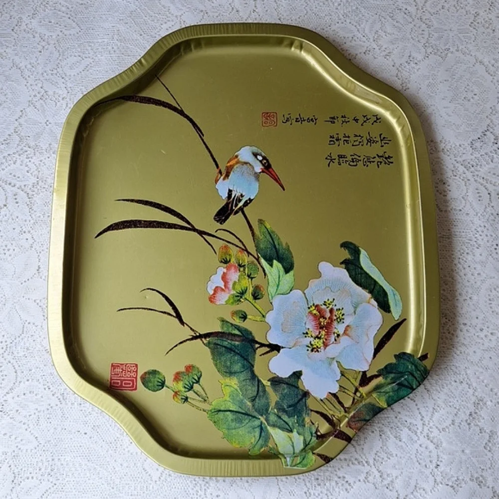 Vintage Large Gold Metal Tin Tray Bird and Magnolia Flowers Hong Kong 11 x 13